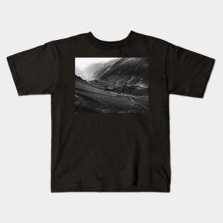 Black and White Shot of Swiss Alpine Road Winding Through Valley Kids T-Shirt